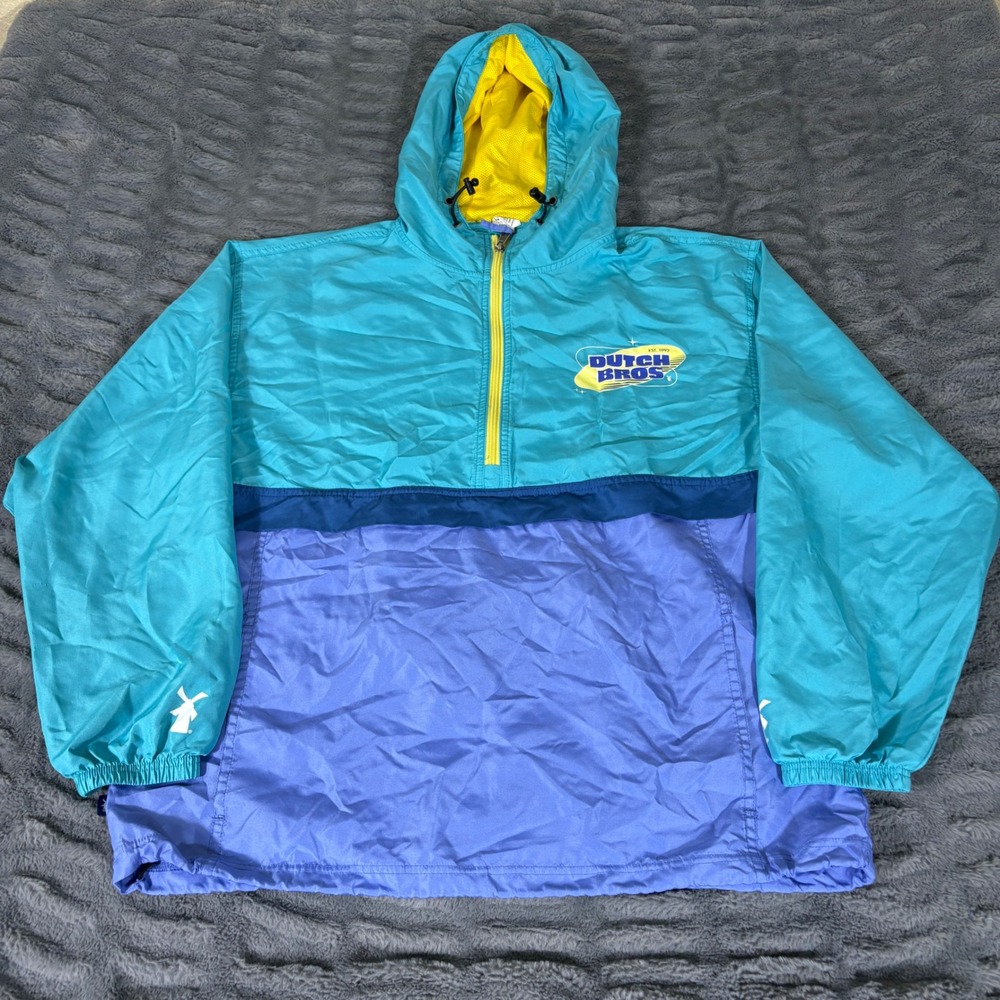Dutch Bros Coffee Mens Large Windbreaker Jacket Teal Purple Colorblock Half-Zip